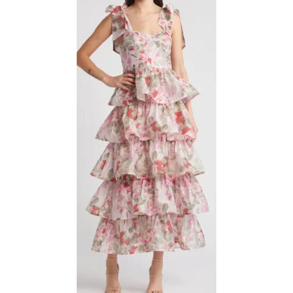 New & Other Stories Floral Tie Strap Dress Womens 2 Tiered Midi Pink
